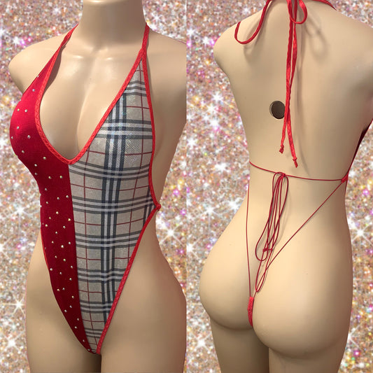 Red Plaid Split Deep V 1 Pc